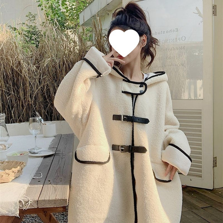 Lammfleece imitation coat with hood, mid-length