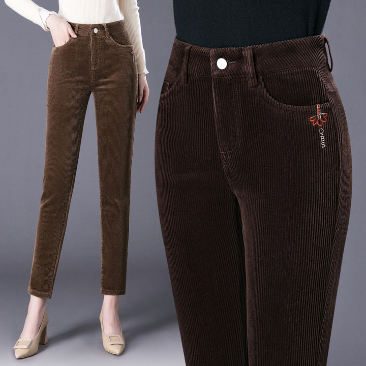 Cord pants, straight cut, high waist, lined