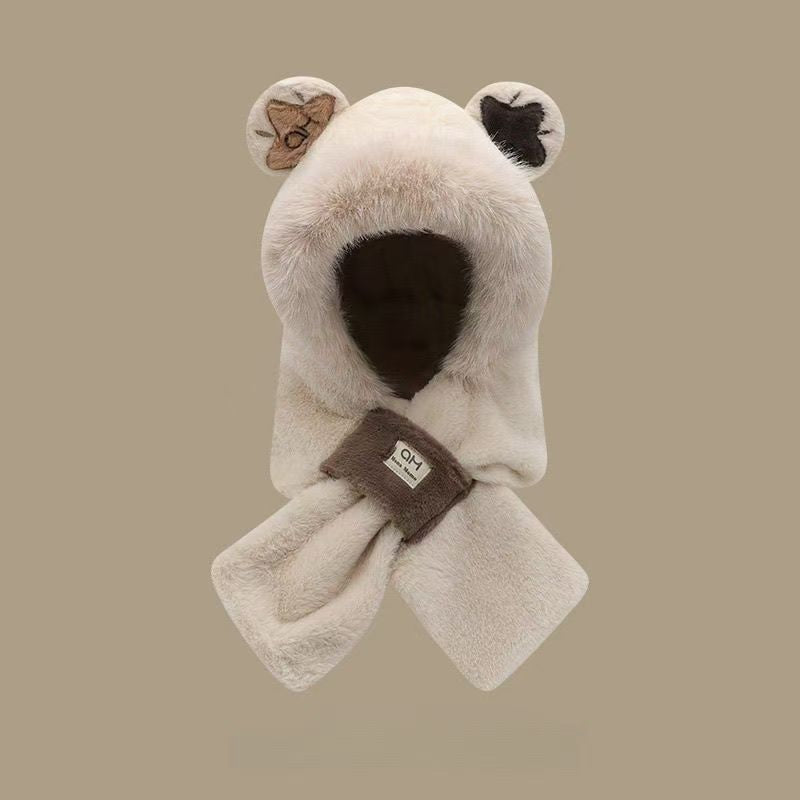 Plush hooded scarf with bear design, lined