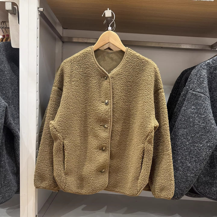 Casual fleece cardigan with lambskin look