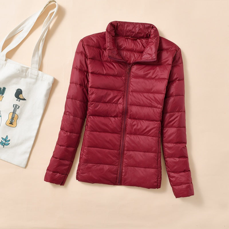 Women's down jacket, short, standing collar, tailored, with duck down