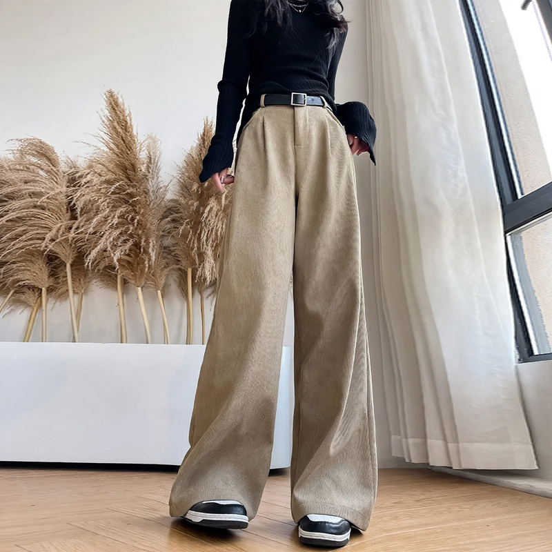 Cord Wide Trousers for Women, High Waist, Straight Fit