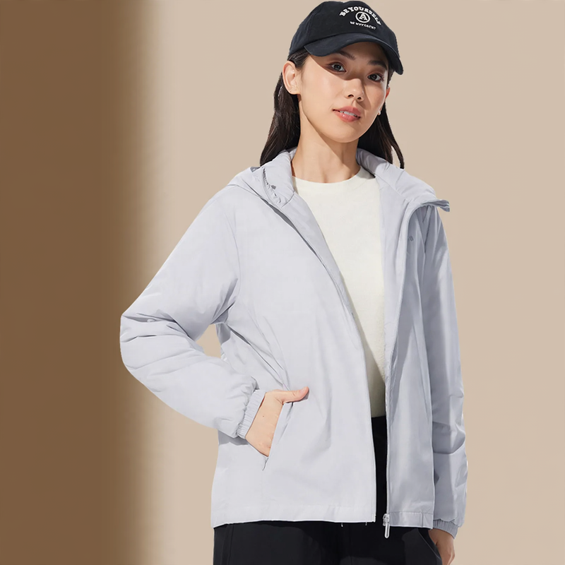 Light women's down jacket, white duck down, hood