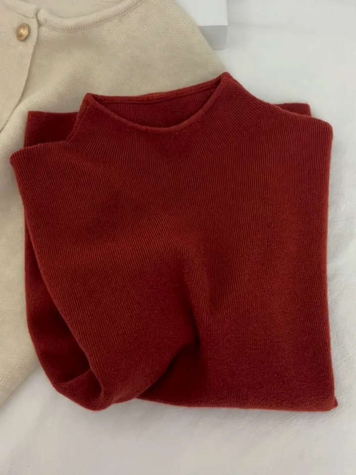 Women's knitted pullover with stand-up collar, ribbed