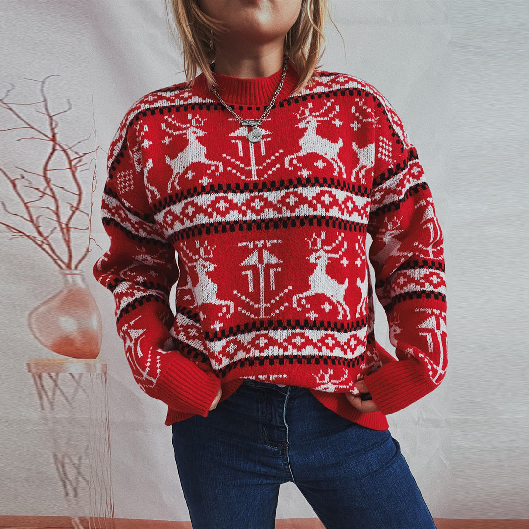 Women's Christmas sweater with reindeer motif, round neckline