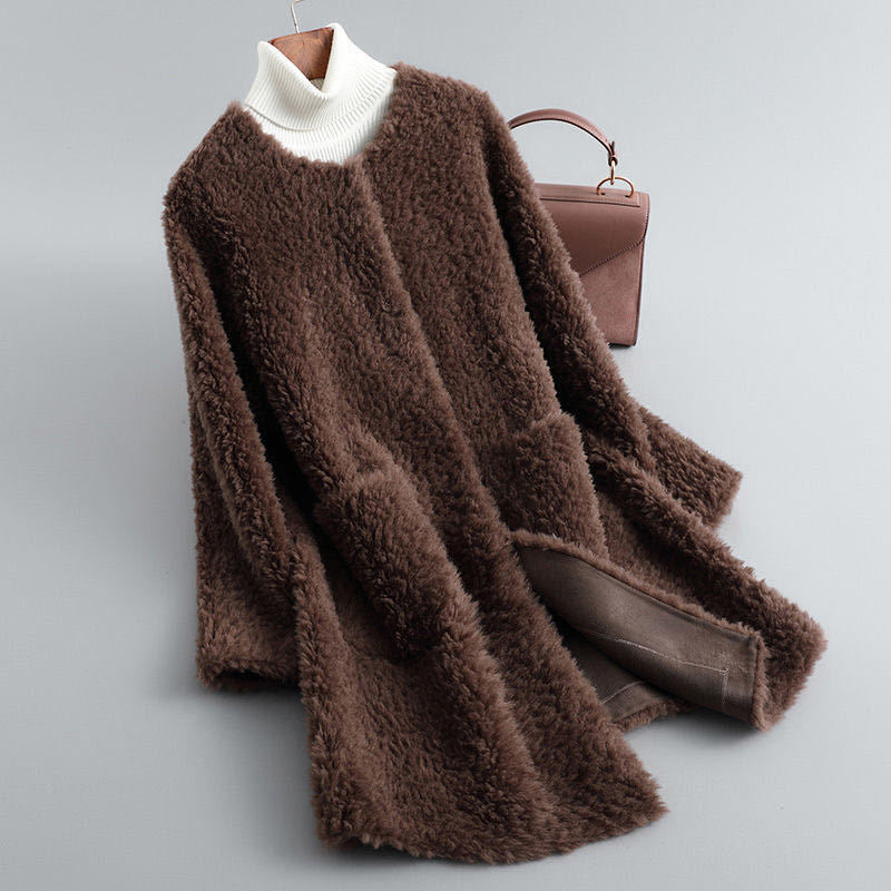 Ladies Sheepskin Coat, mid-length, Granulate Look