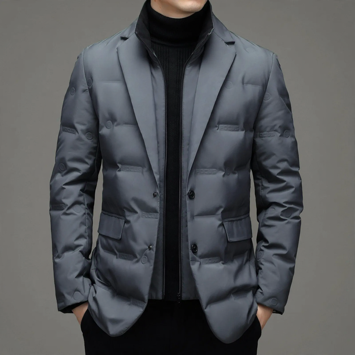 Men's down jacket, blazer style, detachable stand-up collar