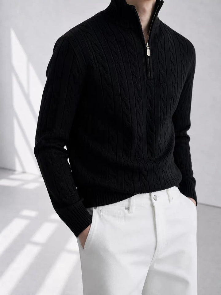 Men's Knit Sweater, Stand Collar with Zipper, Cable Pattern