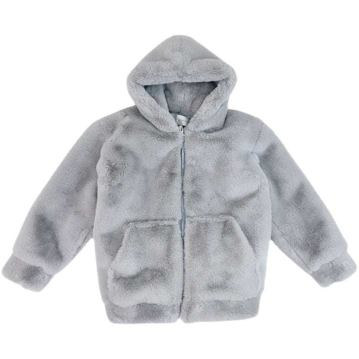 Loose faux fur coat with hood for women