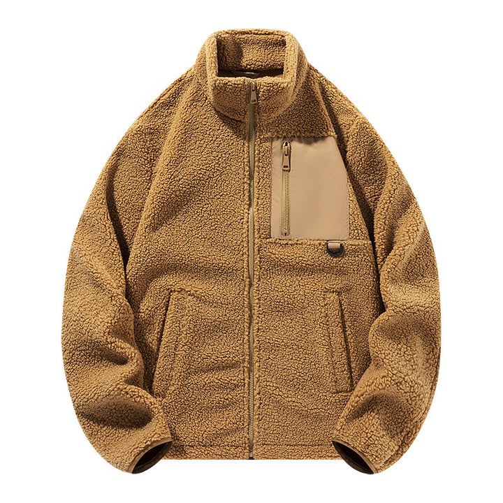 Unisex fleece jacket with stand-up collar and pockets