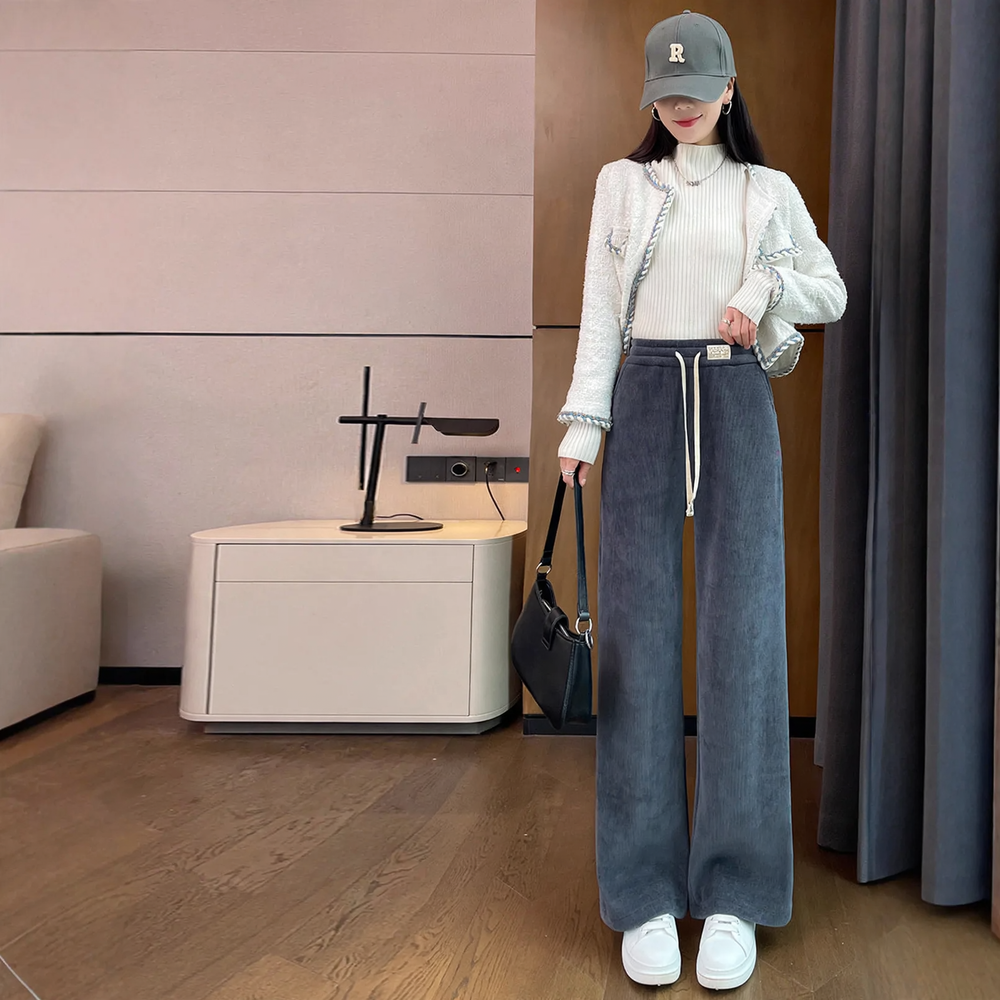 Chenille corduroy trousers with wide leg, lined