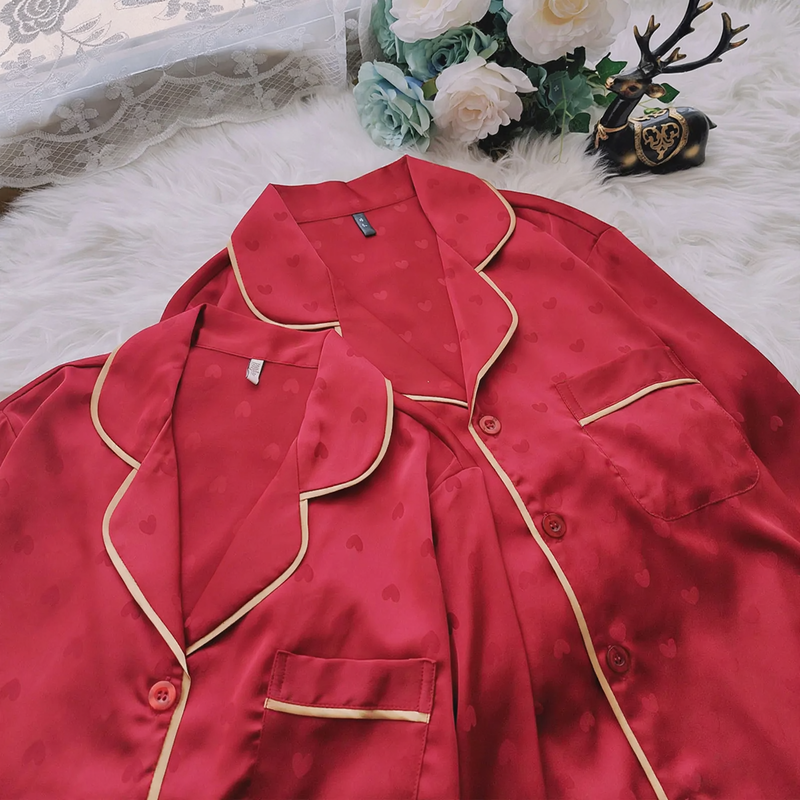 Ice Silk Pajama Set for Couples, Heart Design