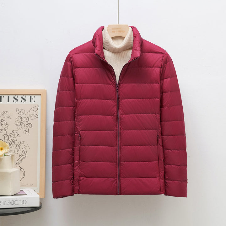 Women’s down jacket, lightweight, stand collar, short