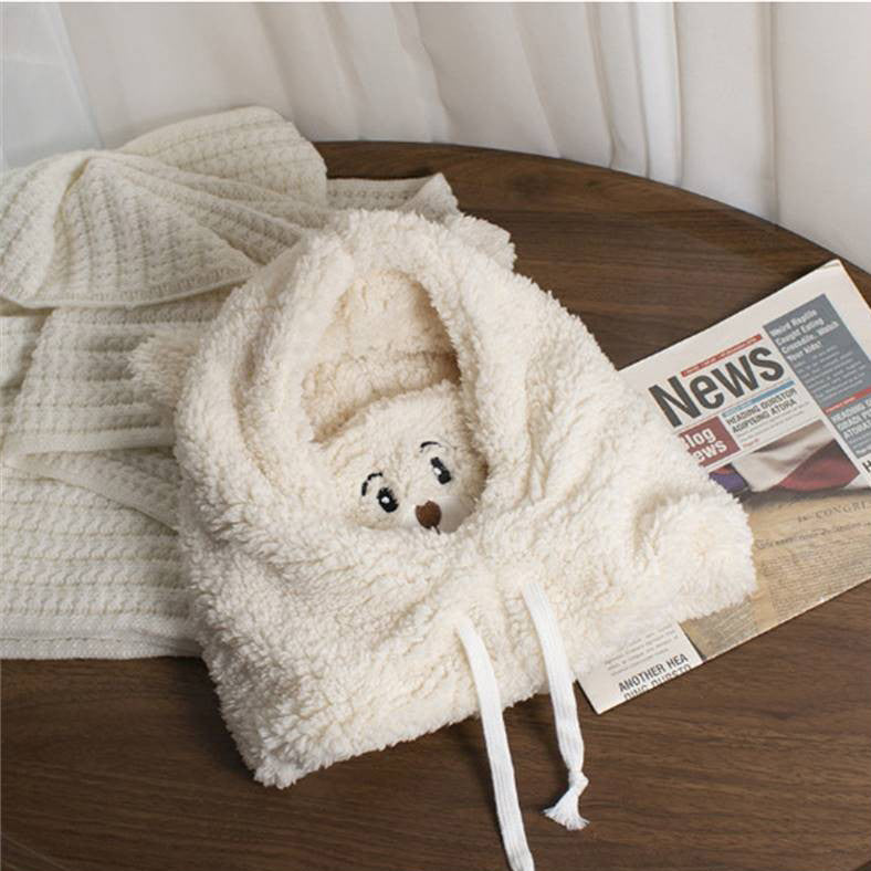 Plush hat with ears and scarf, one size