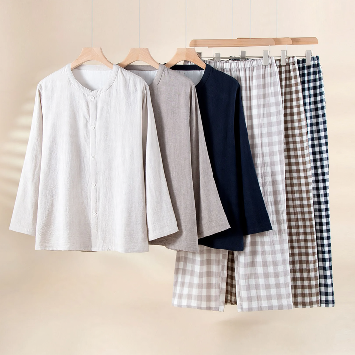 Men's pajama set made of cotton gauze, simple design