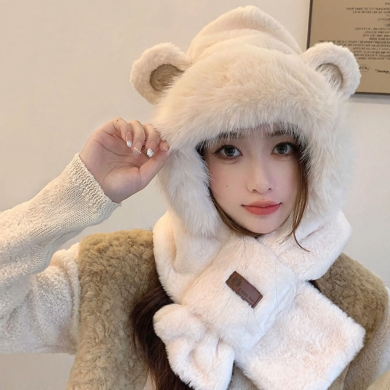 Fluffy set consisting of hat with fox ears and scarf
