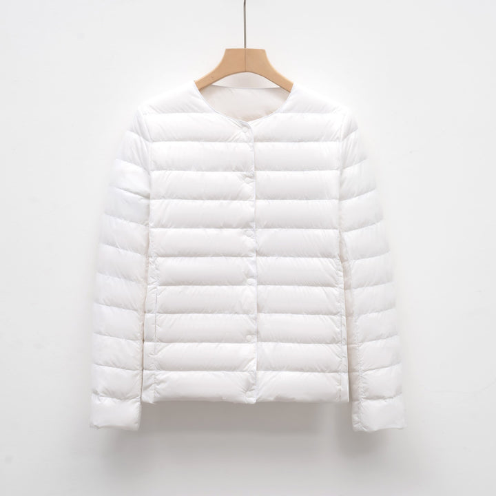 Light women's quilted jacket with round neckline