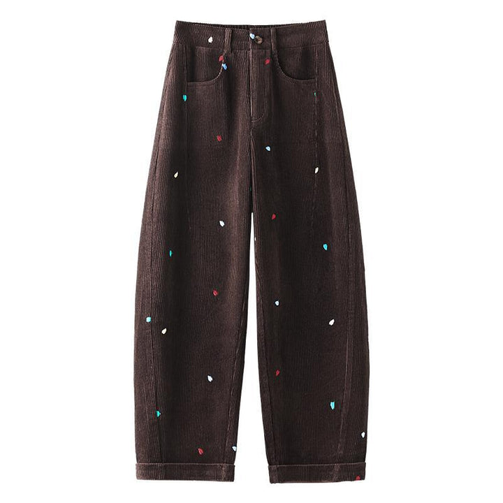 Women's corduroy pants, high-waisted, embroidered