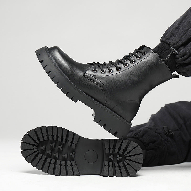 Men's platform boots, lace-up boots, zipper, synthetic leather