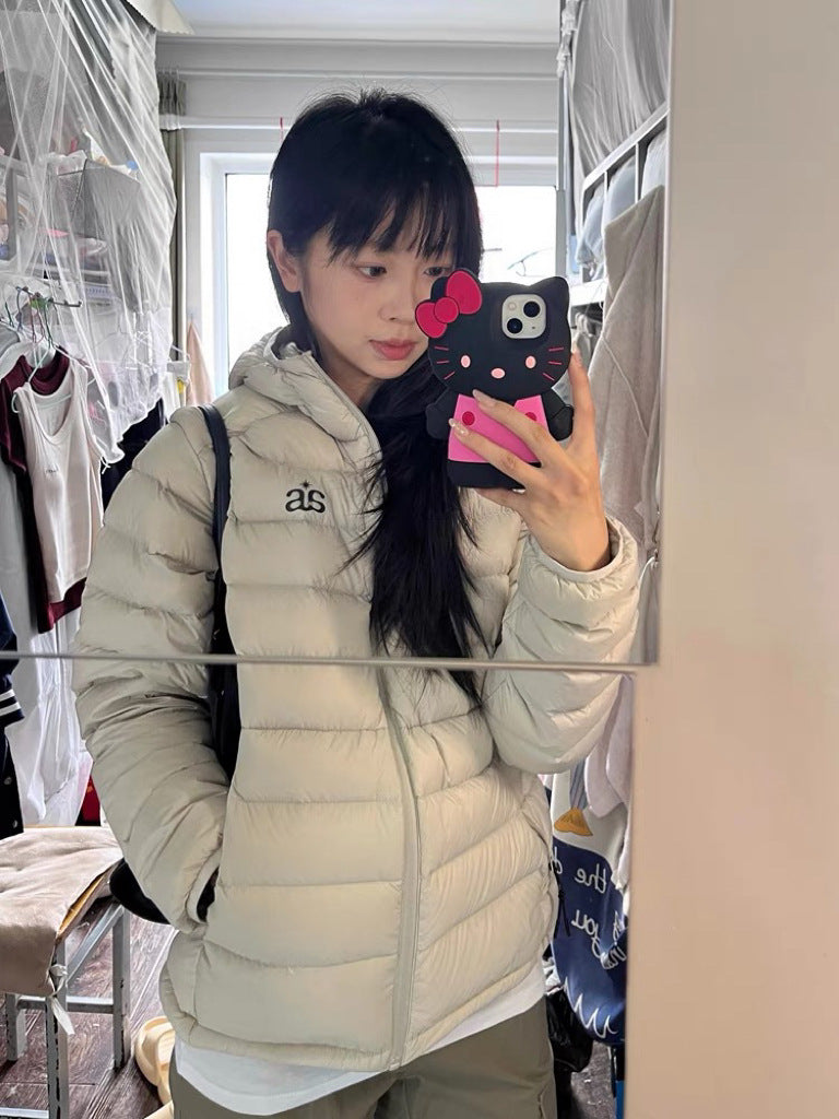 Short down jacket with hood and print