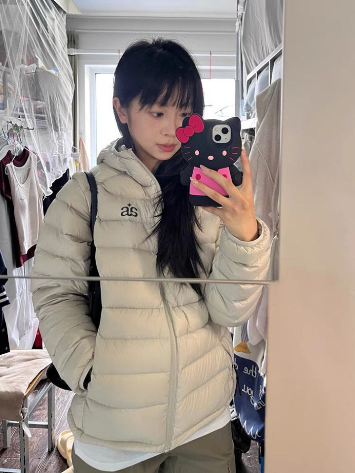 Short down jacket with hood and print