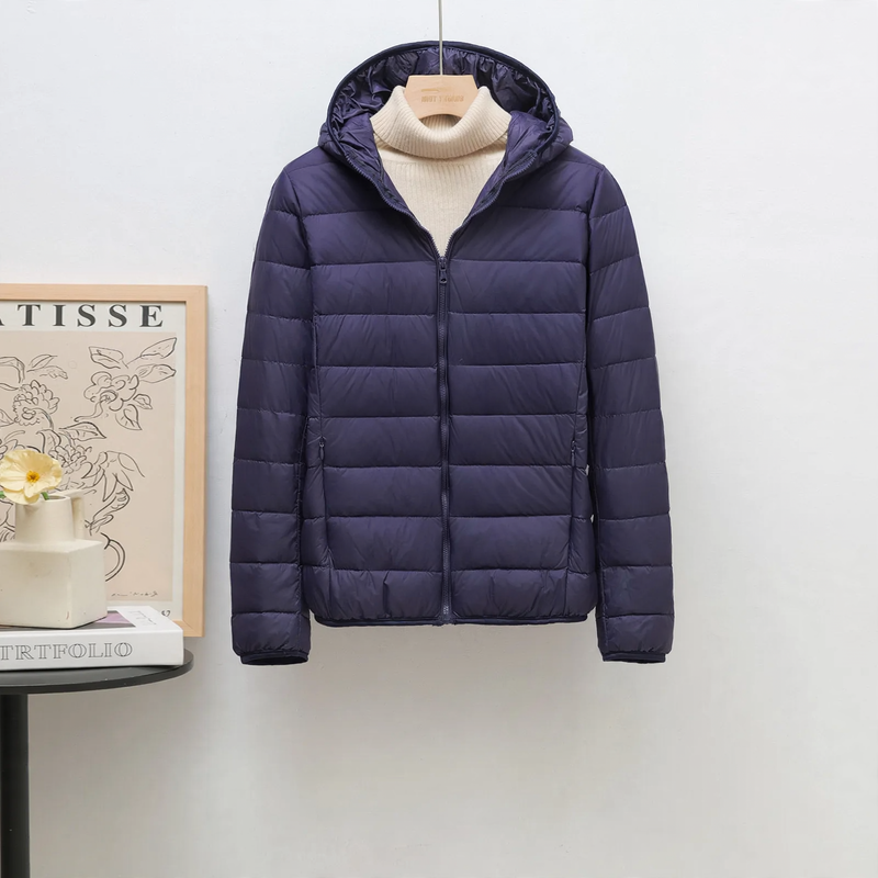 Light women's down jacket, hood, short fit