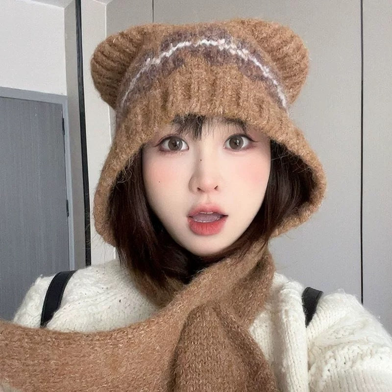 Knit cap with scarf, bear design, women, winter