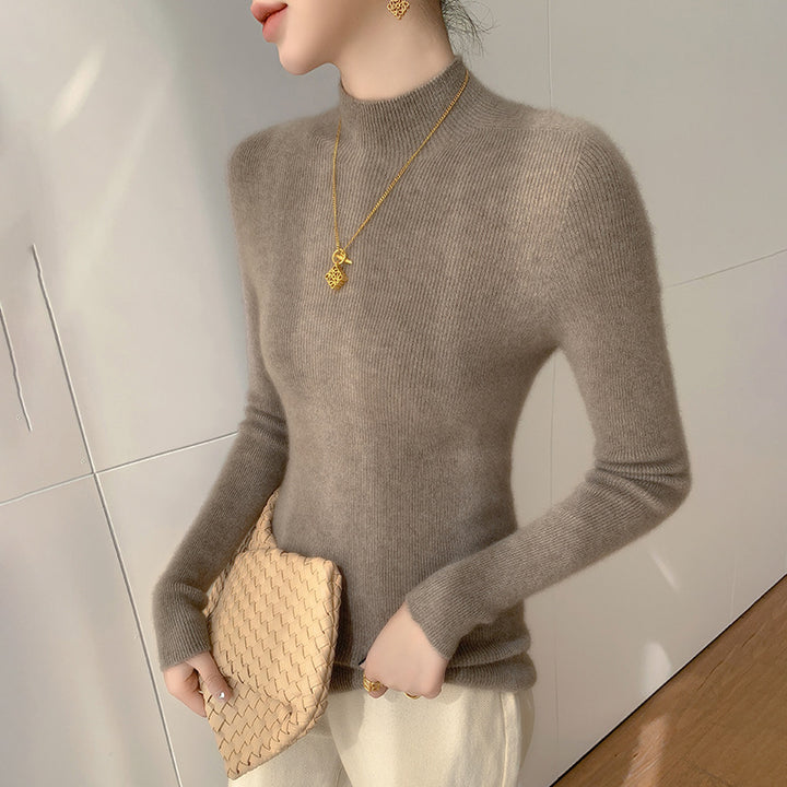Women's cashmere sweater, stand-up collar, slim fit