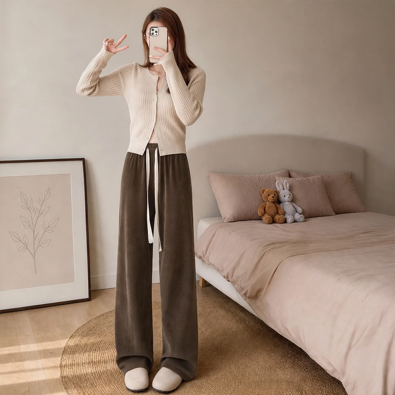Padded chenille wide-leg trousers with high waist