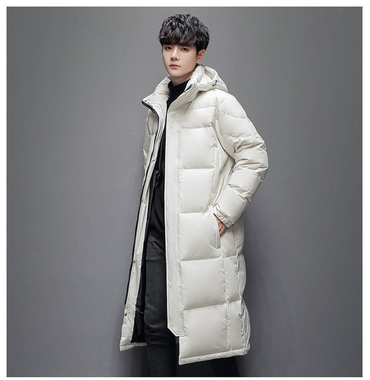 Long women's down coat, knee-length, padded, for winter