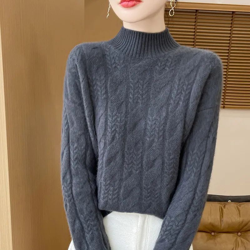 Women's Knit Sweater, Stand-up Collar, Cable Pattern, 3D Look