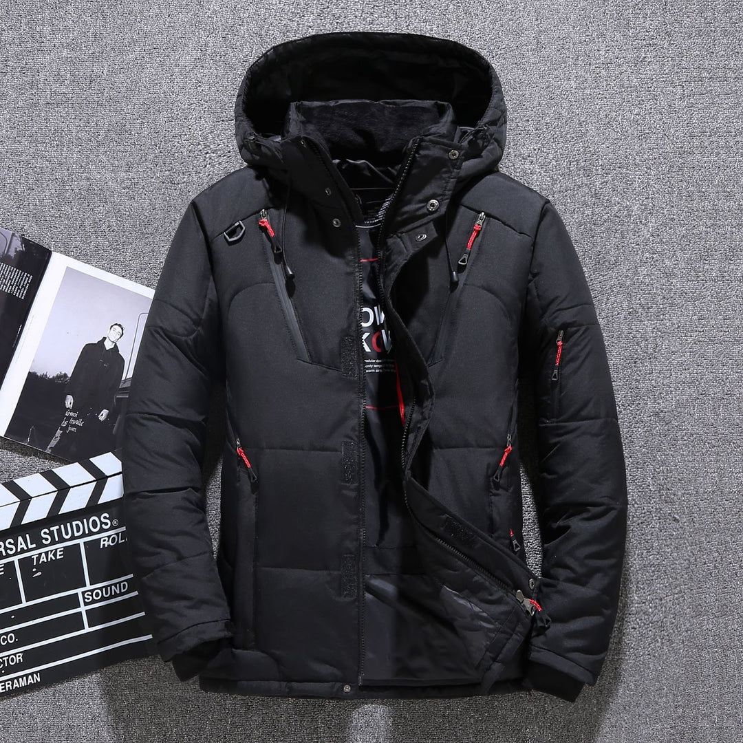 Padded men's down jacket with many pockets