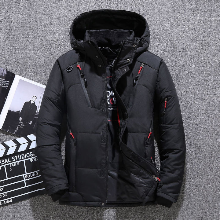 Padded men's down jacket with many pockets