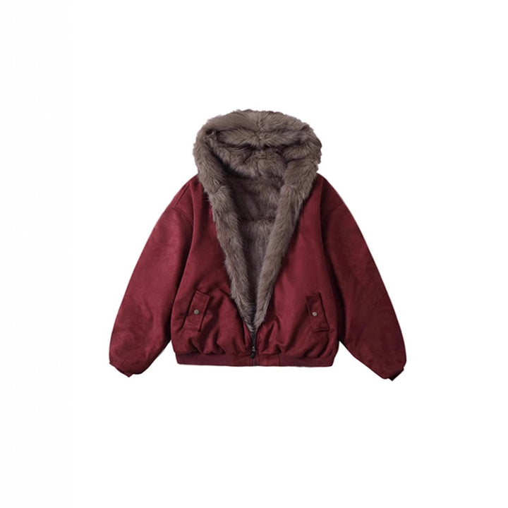 Reversible hooded jacket made of suede imitation and faux fur