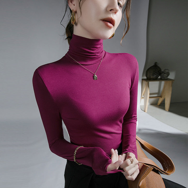 Elastic women's long-sleeve shirt with roll collar