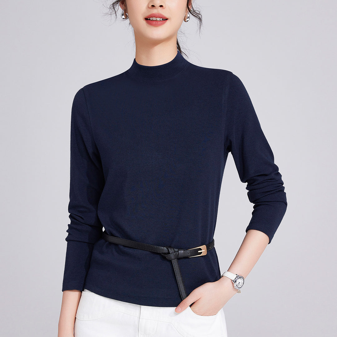 Women’s long-sleeve shirt made of wool blend with stand-up collar