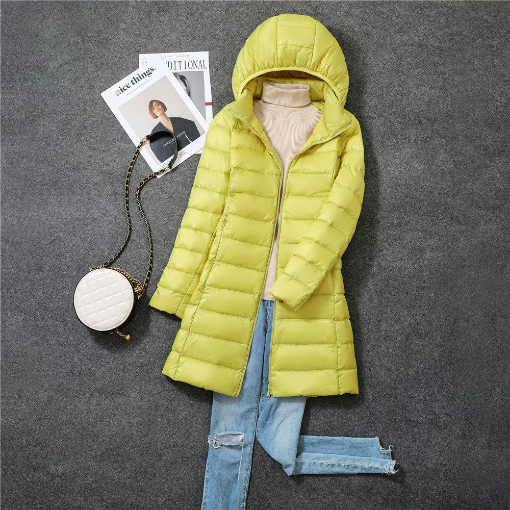 Women’s down coat, medium length, with removable hood