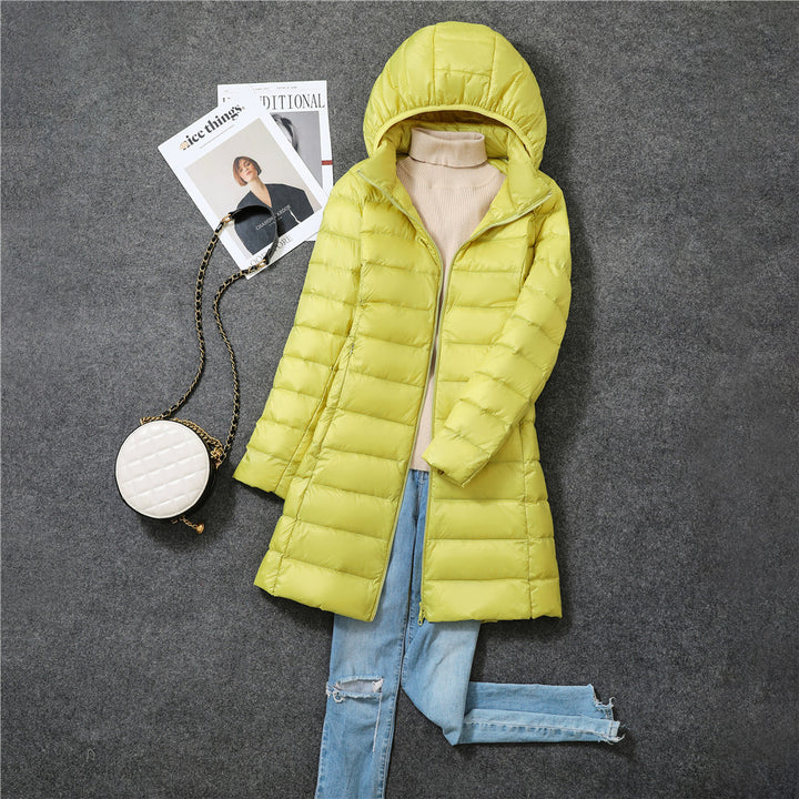 Women’s down coat, medium length, with removable hood