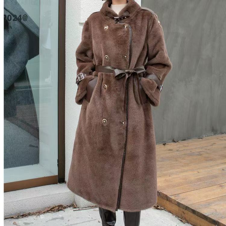 Long women's sheepskin coat with belt