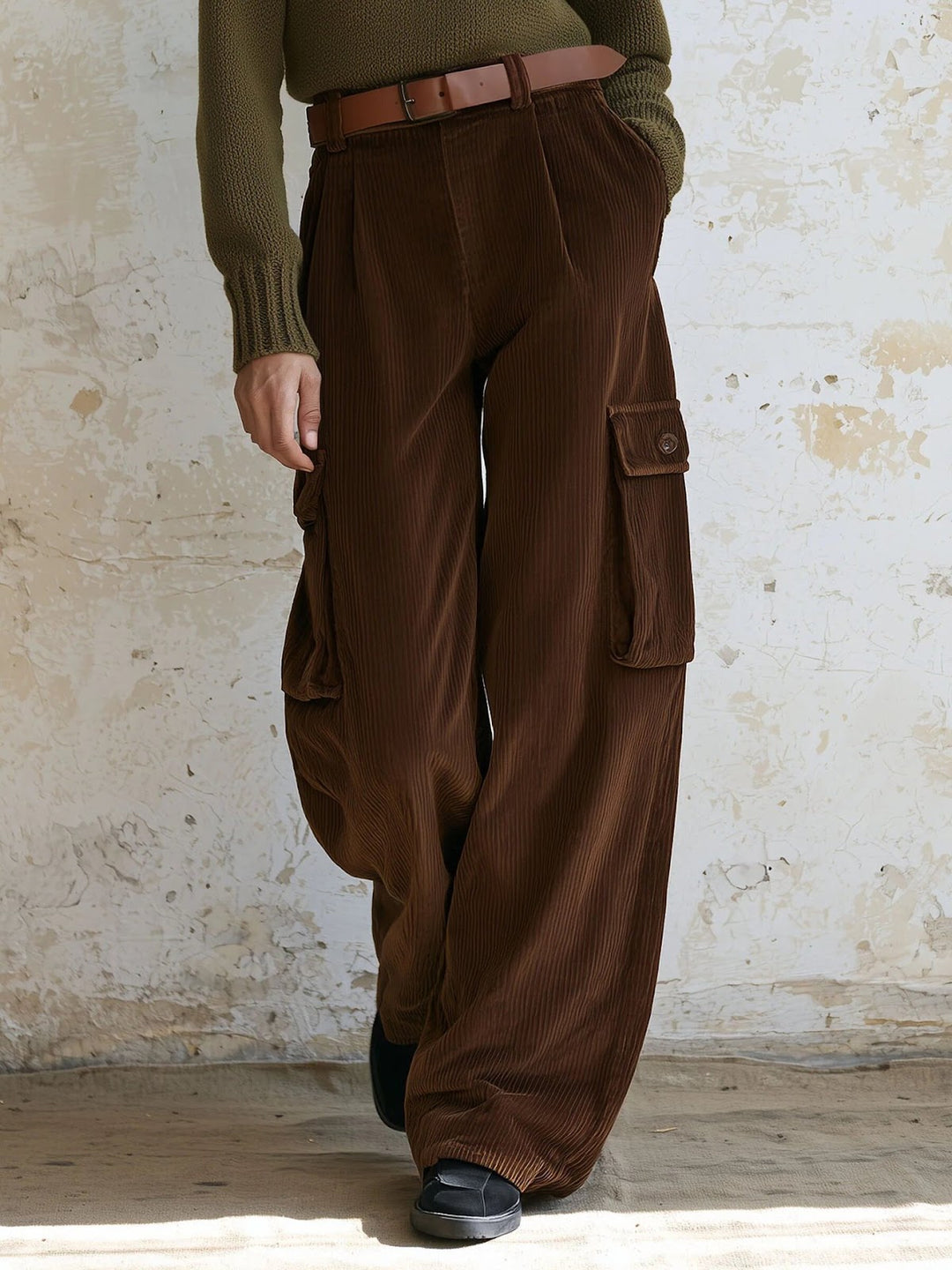 Versatile corduroy cargo pants with high waistband