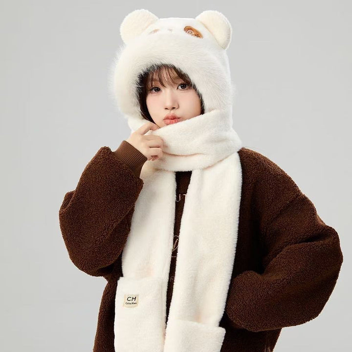 Plush hooded scarf with animal design, lined