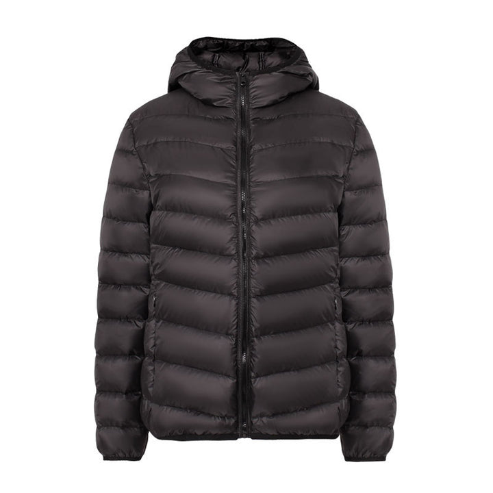 Light women's down jacket with hood, water-repellent