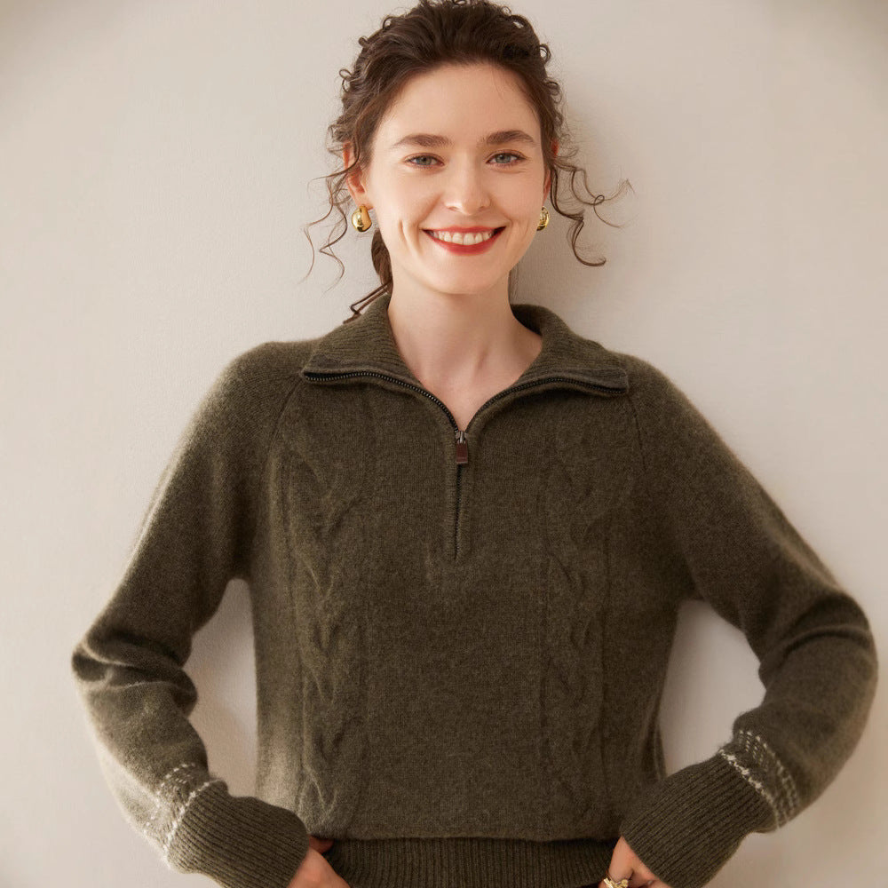 Women's cashmere sweater with stand-up collar and zipper