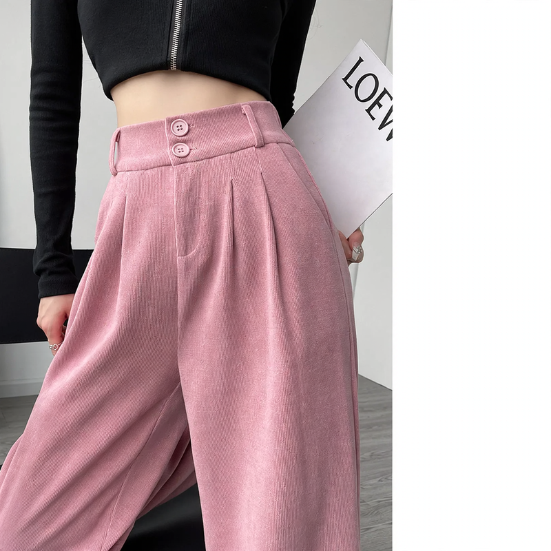 Chenille fabric trousers with high waist, straight cut