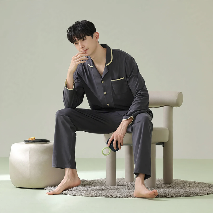 Men's pajama set made of cotton, long-sleeved, antibacterial