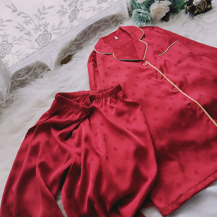 Ice Silk Pajama Set for Couples, Heart Design