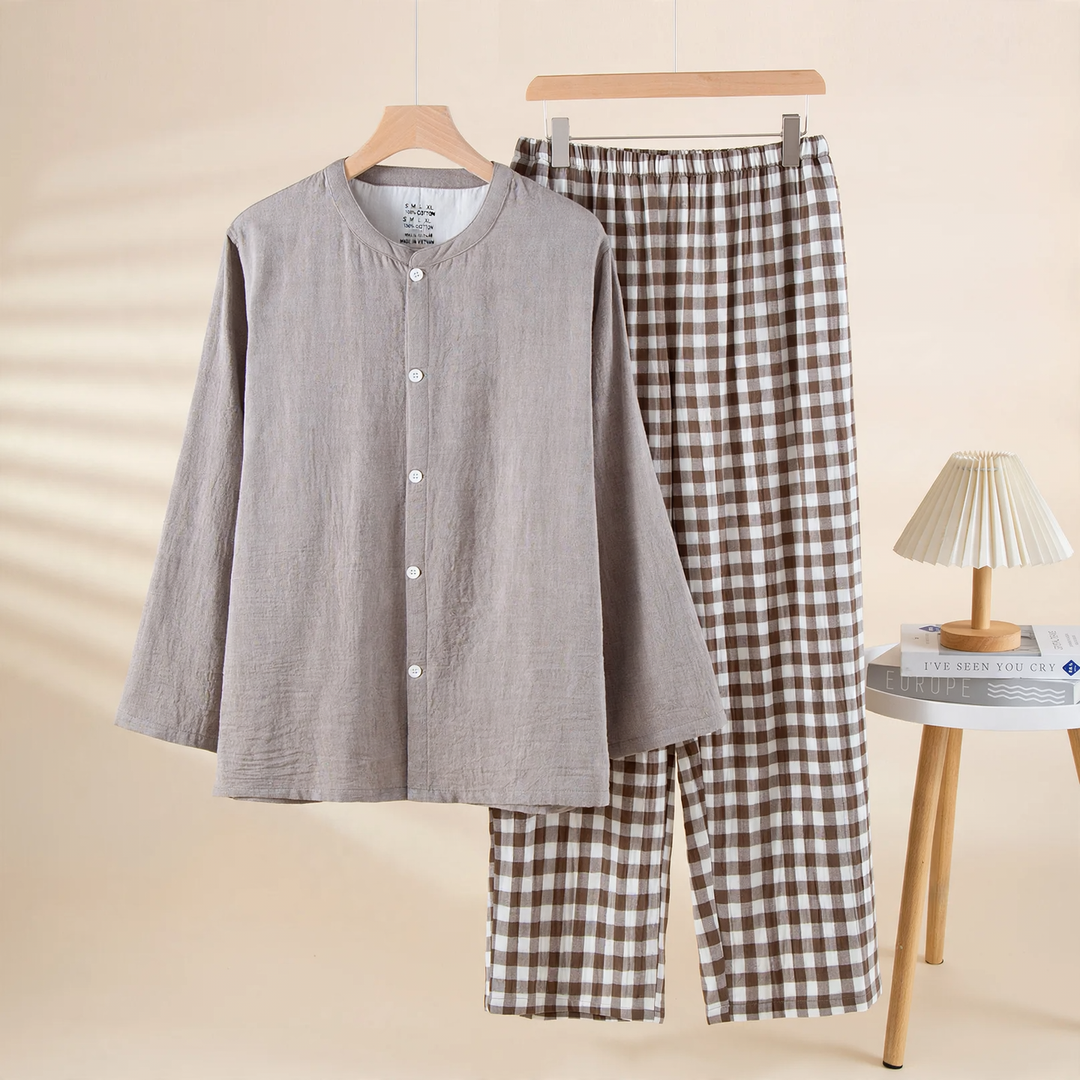 Men's pajama set made of cotton gauze, simple design
