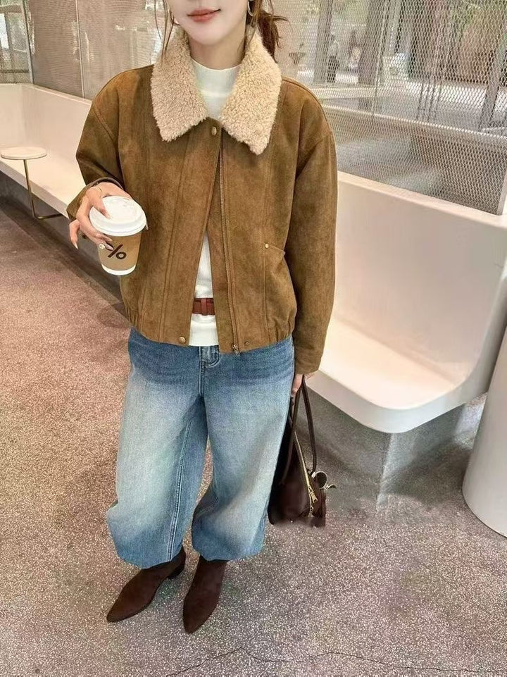 Women’s winter jacket, suede look, lambskin lining