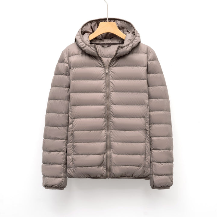 Light women's down jacket with hood, slim fit