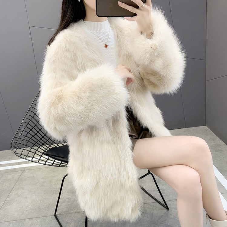 Women's Faux Fur Coat, Mid-Length, V-Neck